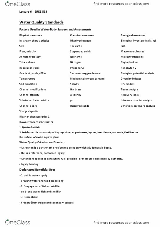 BREE 533 Lecture Notes - Lecture 6: Biochemical Oxygen Demand, Suspended Solids, Oxygen Saturation thumbnail