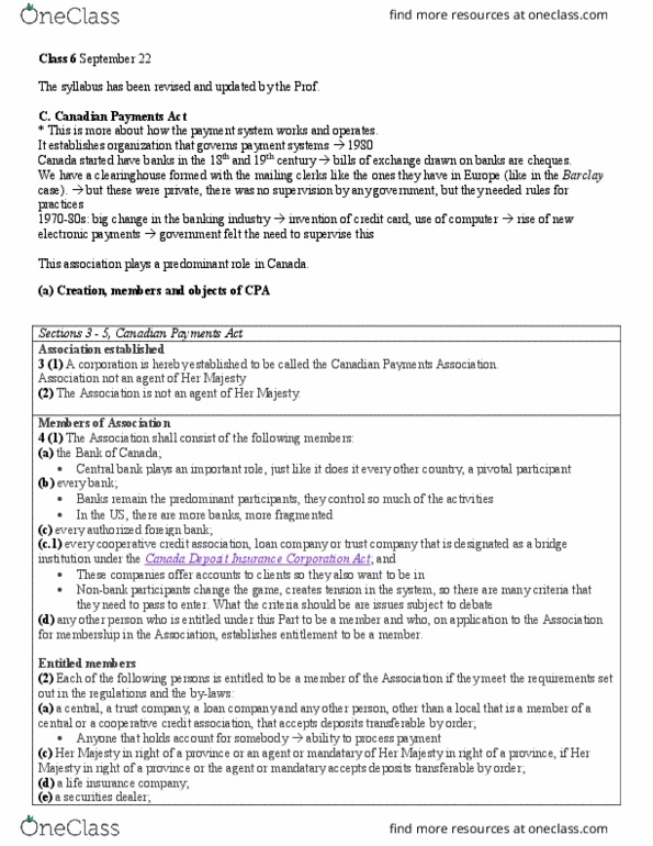 BUS2 531 Lecture Notes - Lecture 6: Payment, Payments Canada, Canada Deposit Insurance Corporation thumbnail