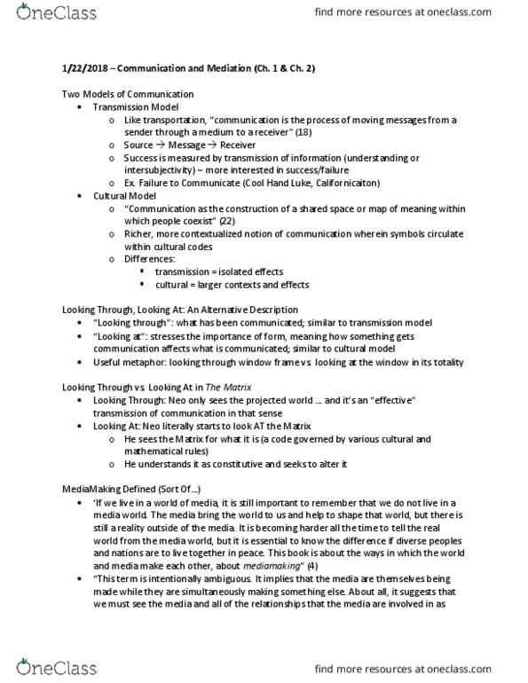 COMM 1305 Lecture Notes - Lecture 2: Intersubjectivity thumbnail