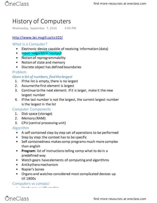 COMP 102 Lecture Notes - Lecture 1: Antikythera Mechanism, Electronics thumbnail