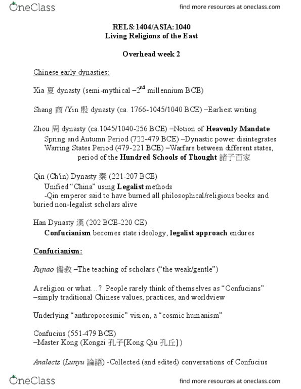 RELS 1404 Lecture Notes - Lecture 2: Junzi, Filial Piety, Taoism thumbnail