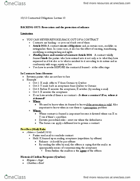 LAWG 100D1 Lecture Notes - Lecture 10: Reception Theory, Contract thumbnail