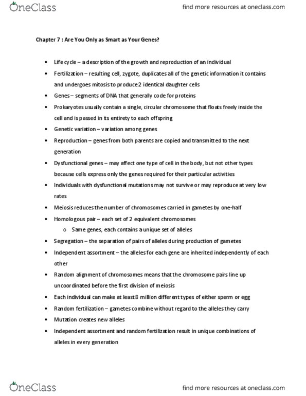 BISC104 Chapter Notes - Chapter 7: Twin, Phenotype, Pleiotropy thumbnail