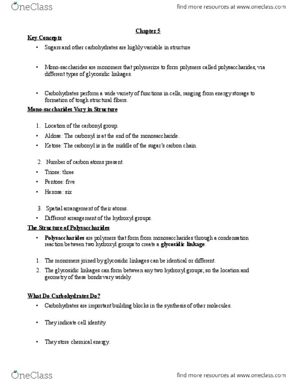 BIO152H5 Chapter Notes - Chapter 5: Glycosidic Bond, Formaldehyde, Monosaccharide thumbnail