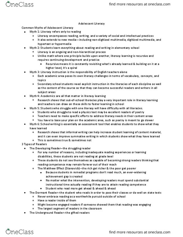 TAL 404 Lecture Notes - Lecture 3: Step One, Literature Circle, Matthew Effect thumbnail