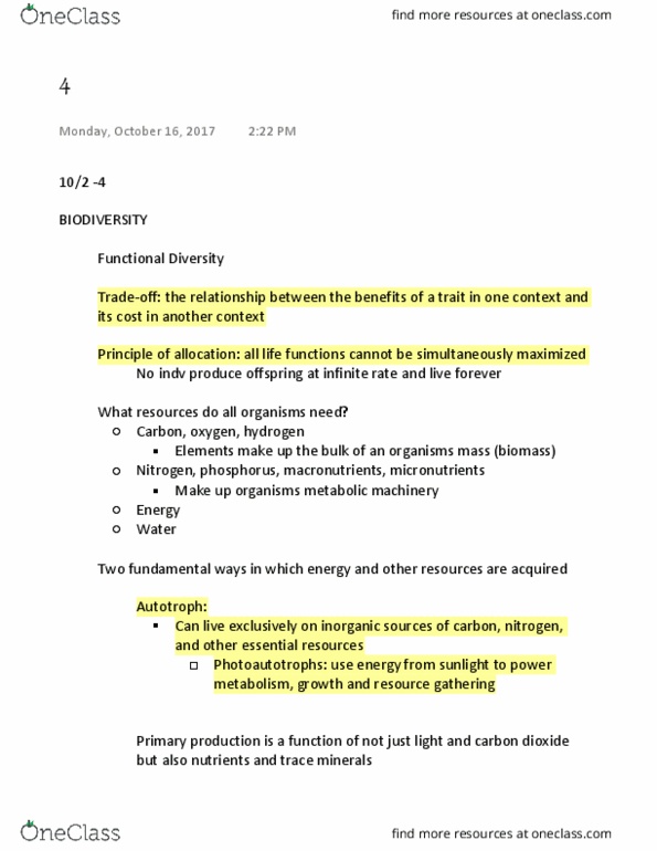 BIS 2B Lecture Notes - Lecture 4: Detritivore, Chlorophyll, Primary Production thumbnail