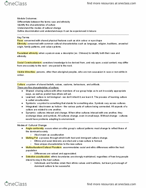 REC100 Lecture Notes - Lecture 3: Social Constructionism, Acculturation, Enculturation thumbnail