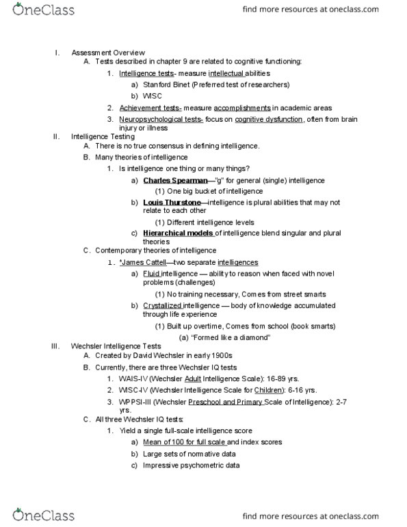 PSYC 481 Lecture Notes - Lecture 13: Wechsler Adult Intelligence Scale, David Wechsler, Neuropsychological Test thumbnail