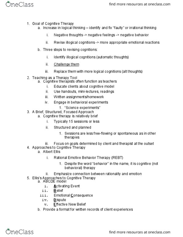 PSYC 481 Lecture Notes - Lecture 22: Rational Emotive Behavior Therapy, Cognitive Therapy, Cognitive Model thumbnail