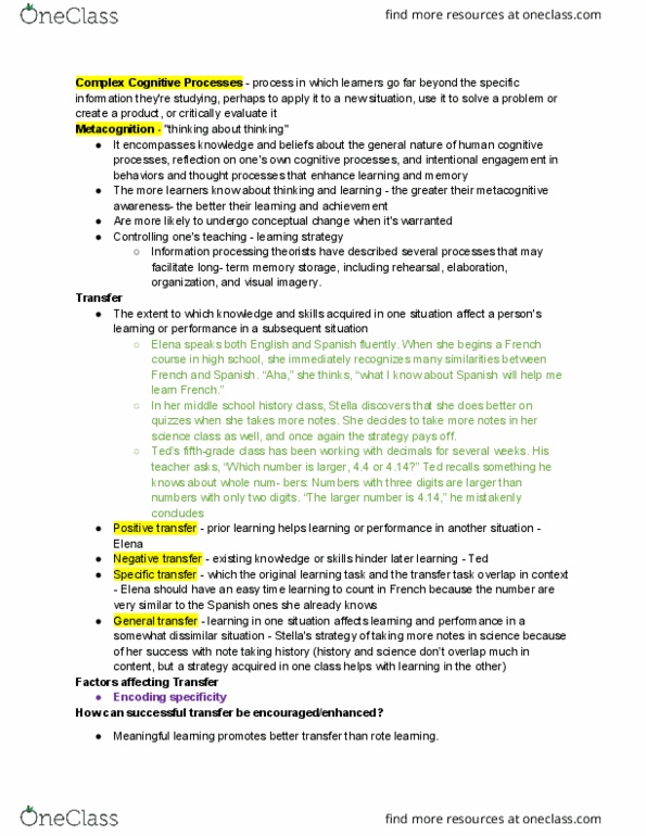 EDUC 40 Chapter Notes - Chapter 7: Inductive Transfer, Metacognition, Long-Term Memory thumbnail