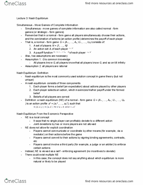 ECON 3M03 Lecture Notes - Lecture 3: Normal-Form Game, Nash Equilibrium, Game Players thumbnail