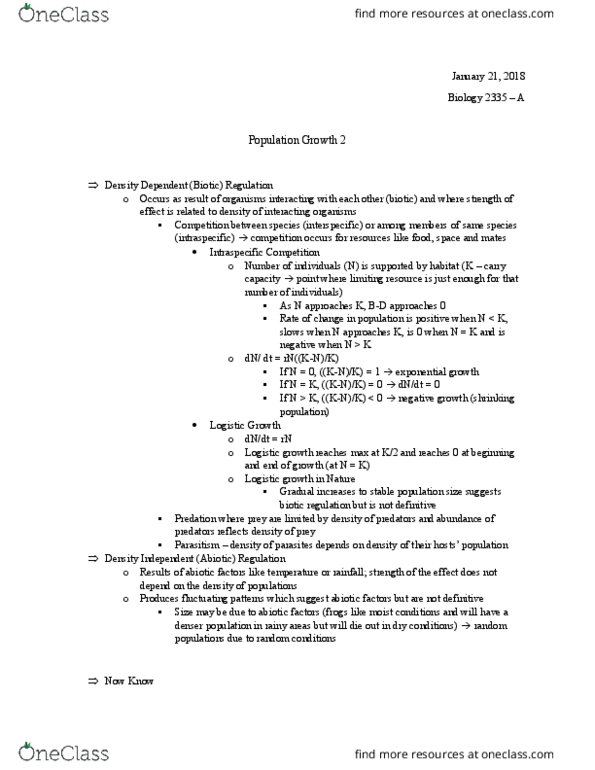 BIOL 2335 Lecture Notes - Lecture 4: Logistic Function, Exponential Growth, Limiting Factor thumbnail