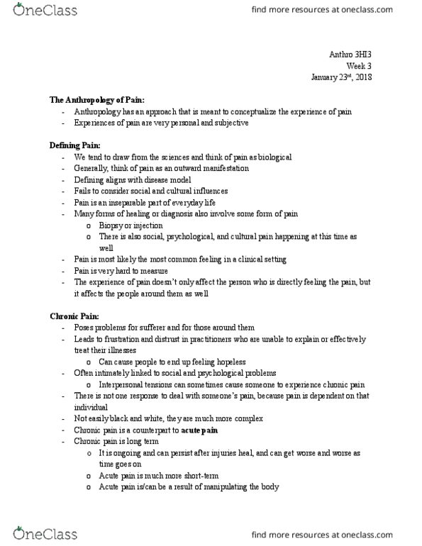 ANTHROP 3HI3 Lecture Notes - Lecture 3: Narrative, Pain Scale, Xerostomia thumbnail