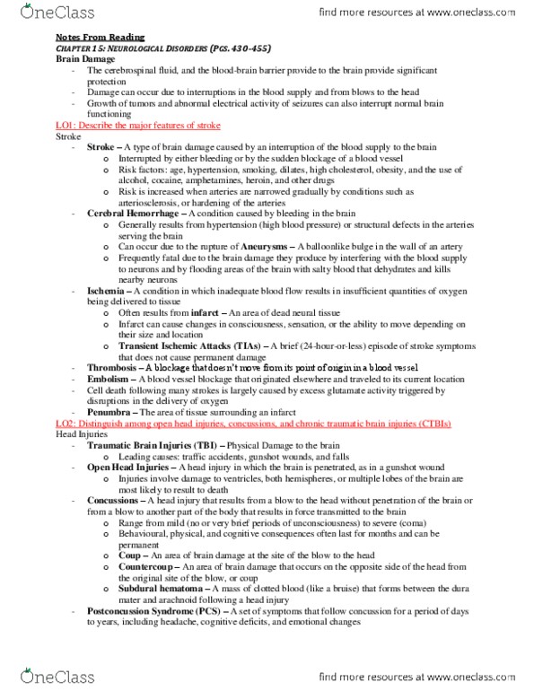 PSY290H5 Chapter 15: Chapter 15 Textbook Notes - Neurological Disorders thumbnail