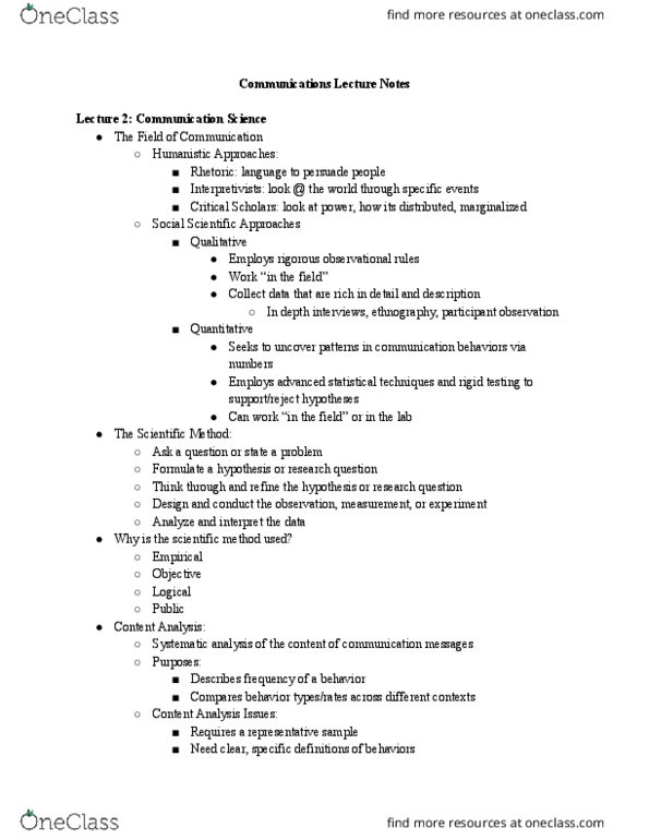 COMM 1000 Lecture Notes - Lecture 2: Random Assignment, Scientific Method, Participant Observation thumbnail