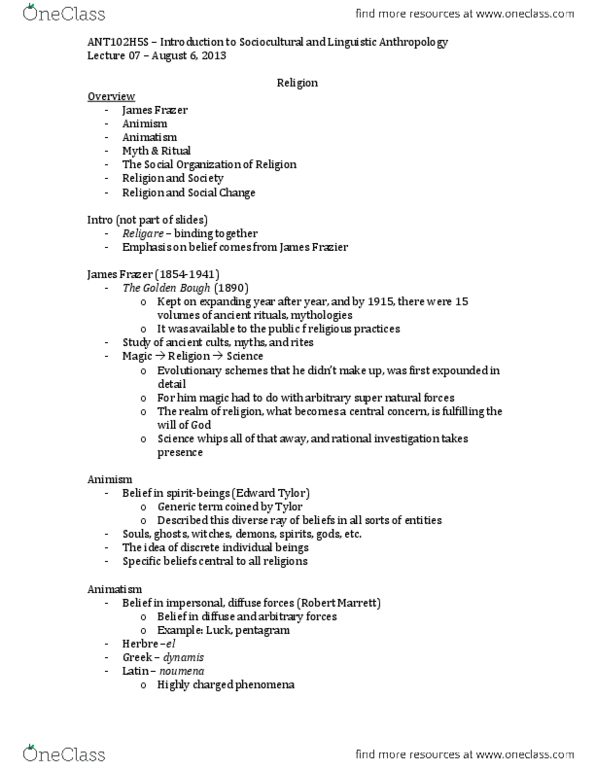 ANT102H5 Lecture Notes - Lecture 8: James George Frazer, Edward Burnett Tylor, Animism thumbnail