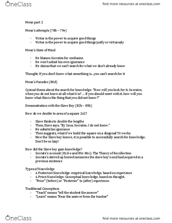 PHIL 1204 Lecture Notes - Lecture 3: Socratic Method, A Posteriori thumbnail