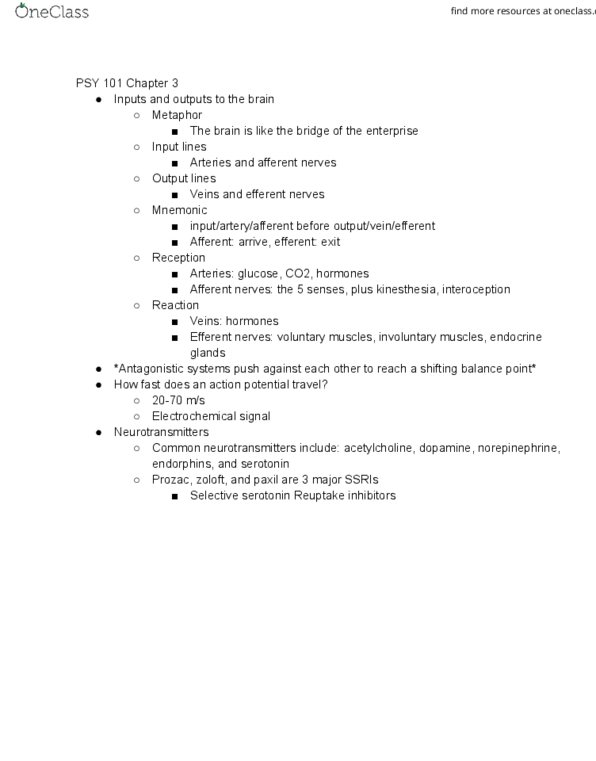 PSY 101 Lecture Notes - Lecture 3: Sertraline, Endorphins, Fluoxetine thumbnail