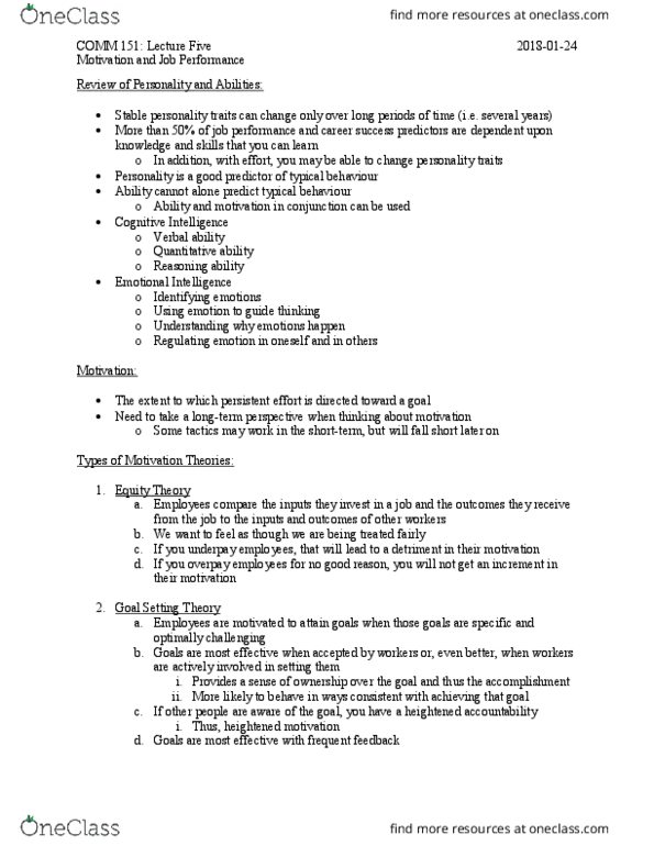 COMM 151 Lecture Notes - Lecture 5: Job Satisfaction, Goal Setting, Job Performance thumbnail