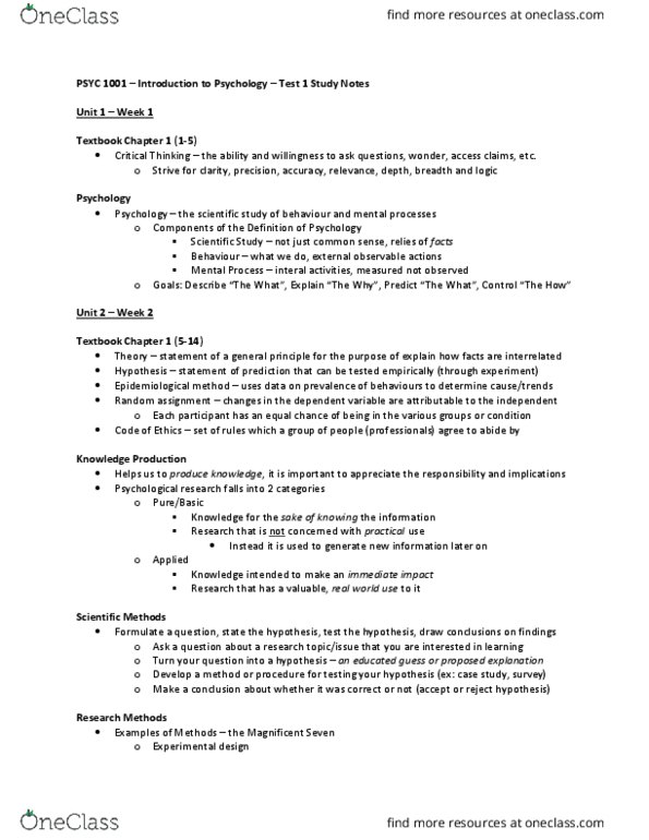 PSYC 1000 Lecture 23: PSYC 1001 – Introduction to Psychology – Test 1 Study Notes thumbnail