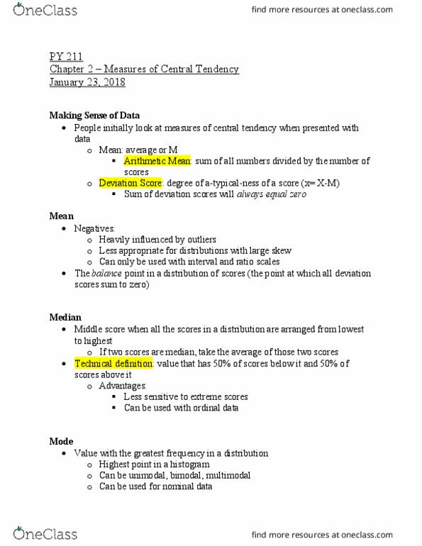 PY 211 Lecture Notes - Lecture 2: Level Of Measurement, Unimodality, Central Tendency thumbnail