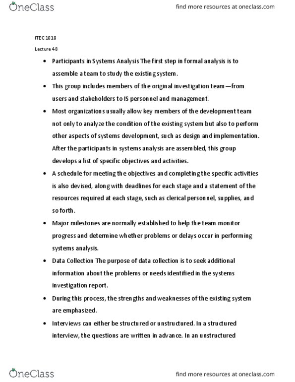 ITEC 1010 Lecture Notes - Lecture 48: Accounts Payable, Systems Analysis, Structured Interview thumbnail