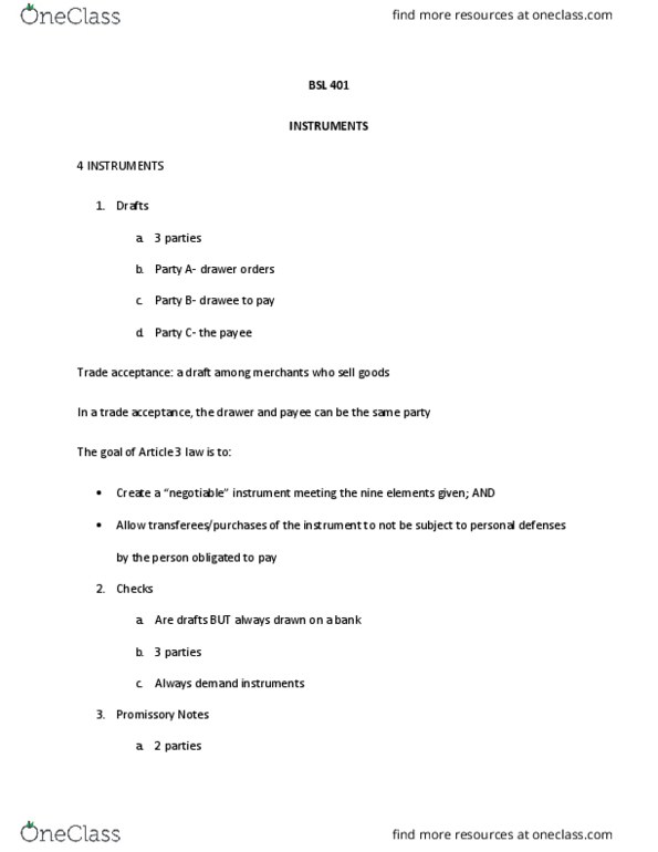 BSL 401 Lecture Notes - Lecture 2: Negotiable Instrument thumbnail