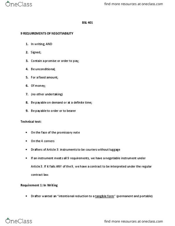 BSL 401 Lecture Notes - Lecture 3: Drafter, Negotiable Instrument, Promissory Note thumbnail