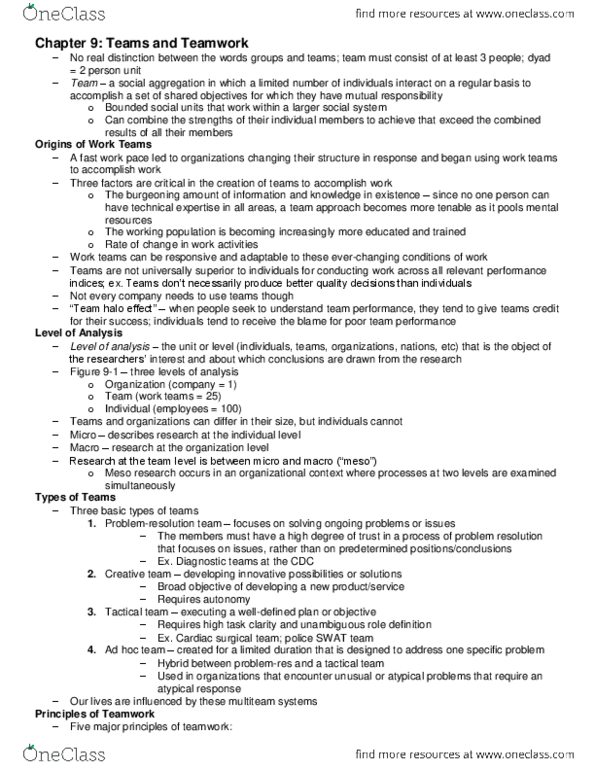 Psychology 2660A/B Chapter Notes - Chapter 9: Teamwork, United German Hungarians Of Philadelphia And Vicinity, Task Analysis thumbnail