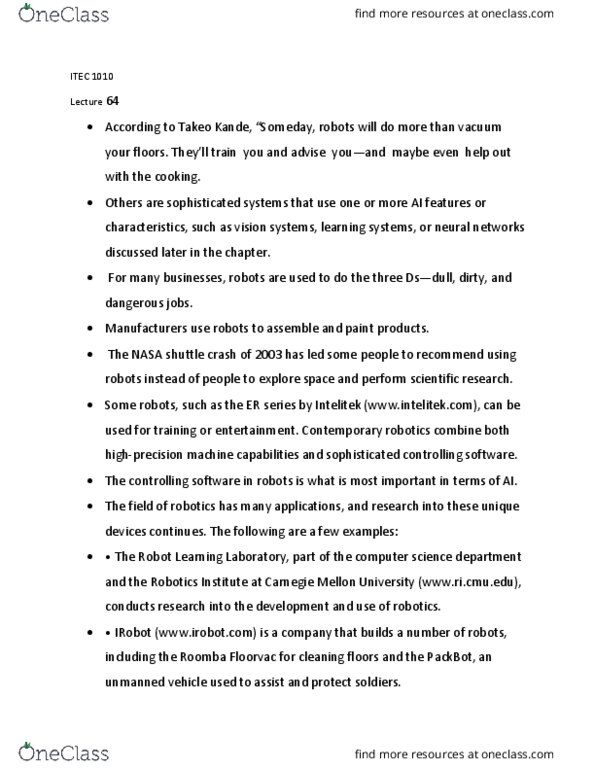 ITEC 1010 Lecture Notes - Lecture 64: Johns Hopkins University, Darpa, Da Vinci Surgical System thumbnail