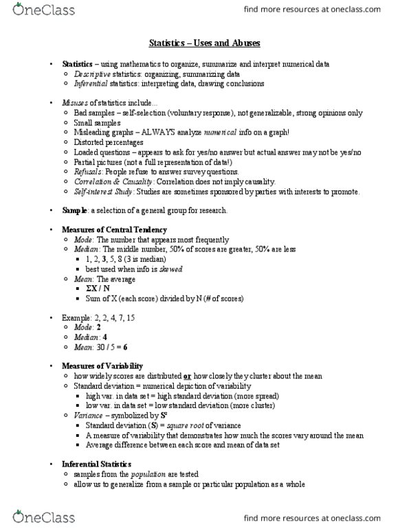 PSYC 1030H Lecture Notes - Lecture 3: Statistical Inference, Standard Deviation, Descriptive Statistics thumbnail