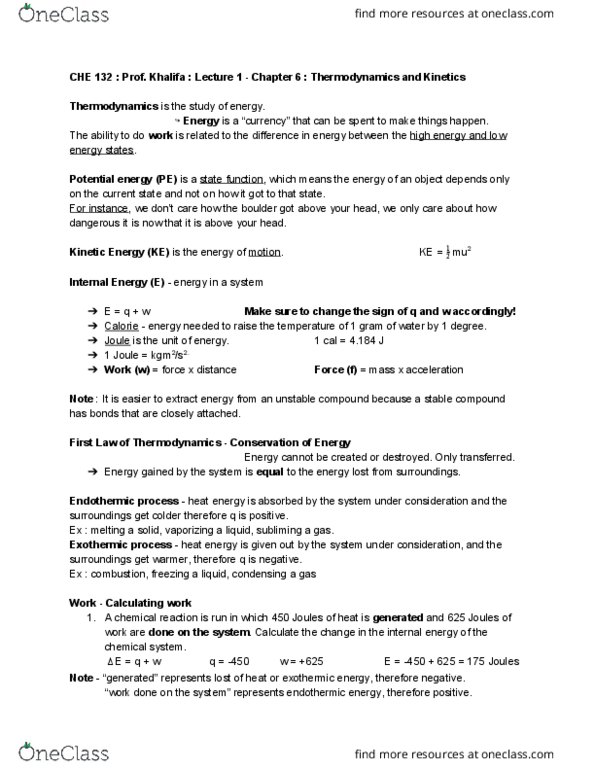 CHE 132 Lecture Notes - Lecture 1: Thermal Expansion, Enthalpy, Thermodynamics thumbnail