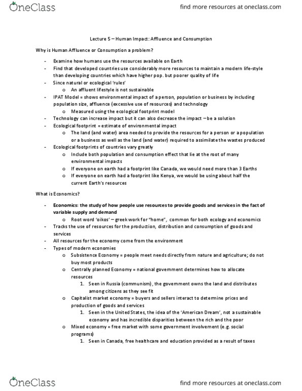 ENVS 1000U Lecture Notes - Lecture 5: Invisible Hand, Non-Renewable Resource, Environmental Policy thumbnail