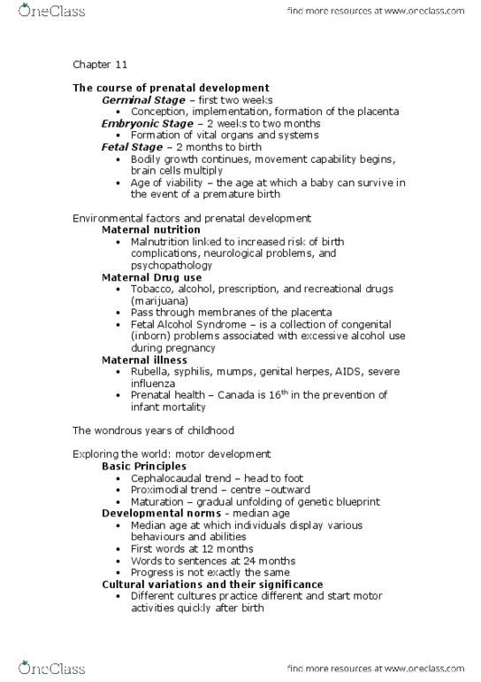 PS101 Chapter Notes - Chapter 11: Fetal Alcohol Spectrum Disorder, Nutrition And Pregnancy, Prenatal Development thumbnail