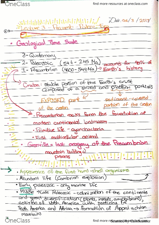 GEO 1115 Lecture 3: lecture notes for GEO1115 LECTURE 3-Precambrian-Paleozoic Era thumbnail