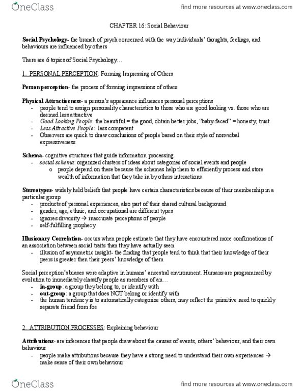 PS101 Chapter Notes - Chapter 16: Victim Blaming, Physical Attractiveness, Social Perception thumbnail