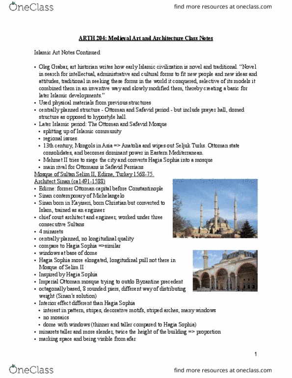 ARTH 204 Lecture 4: Islamic Art Class Notes 2 thumbnail