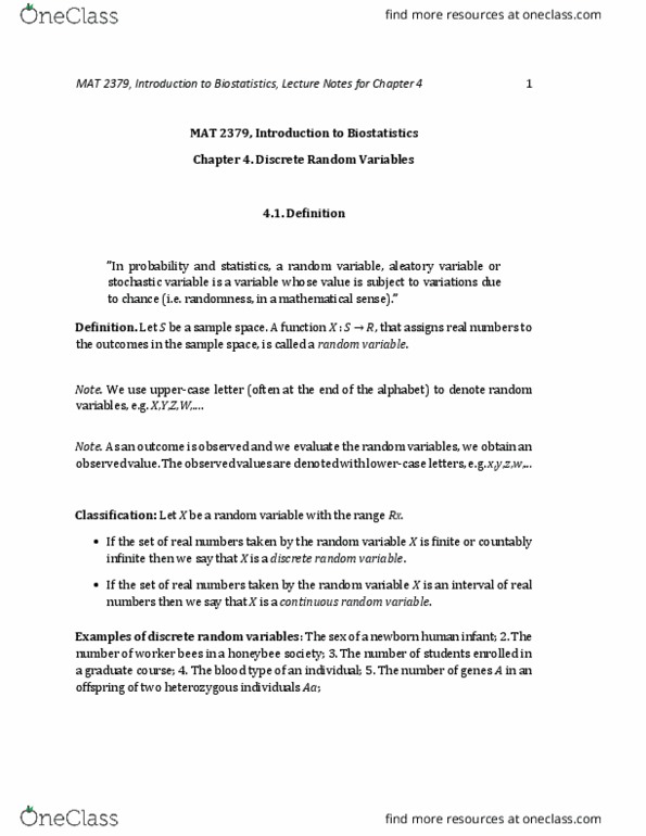 MAT 2379 Lecture Notes - Lecture 4: Blood Lead Level, Bernoulli Trial, Binomial Coefficient thumbnail