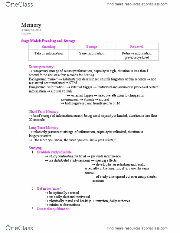 PSYCH101 Lecture Notes - Lecture 3: Sensory Memory thumbnail