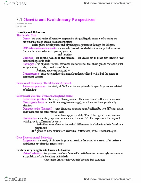 PSYCH101 Chapter Notes - Chapter 3.1: Behavioural Genetics, Twin, Egg Cell thumbnail