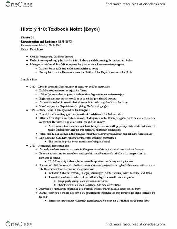 HIST 110 Chapter Notes - Chapter 16: Civil Rights Cases, Land Values, Slaughter-House Cases thumbnail