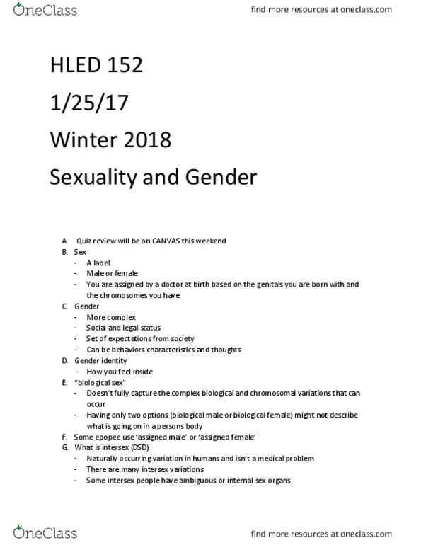 HLED 152 Lecture Notes - Lecture 1: Sexual Orientation, Sex Assignment, Cisgender thumbnail