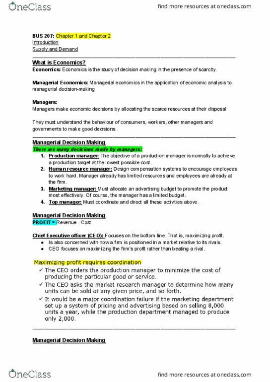 BUS 207 Lecture Notes - Lecture 1: Positive Statement, Excess Supply, Inferior Good thumbnail