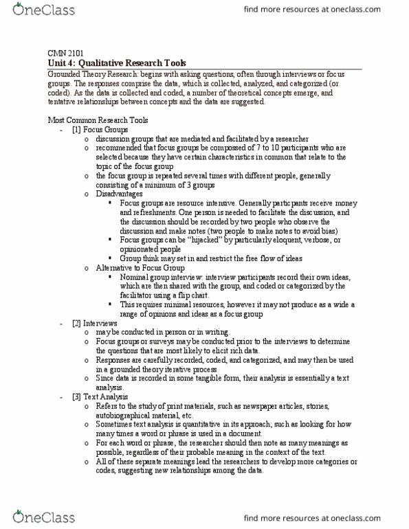 CMN 2101 Lecture Notes - Lecture 4: Focus Group, Grounded Theory thumbnail