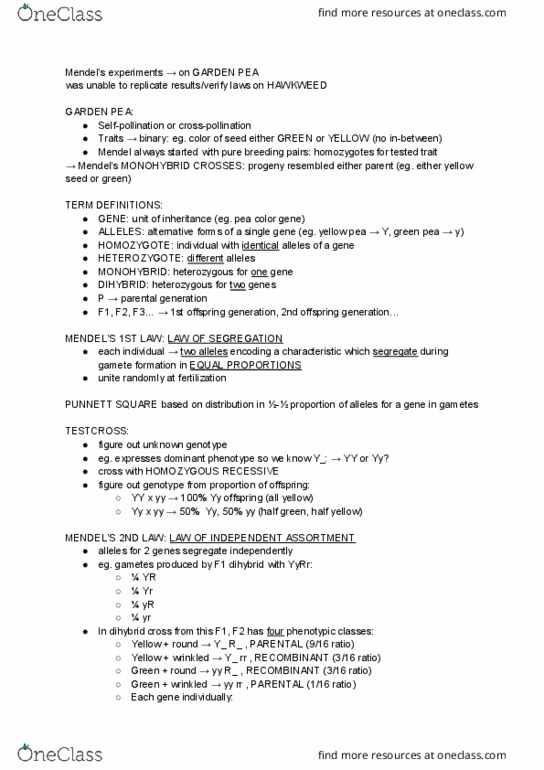 BIO-0041 Lecture Notes - Lecture 1: Mendelian Inheritance, Punnett Square, Dihybrid Cross thumbnail