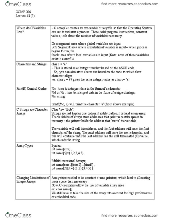 COMP 206 Lecture Notes - Lecture 13: .Bss, Uninitialized Variable, Binary File thumbnail