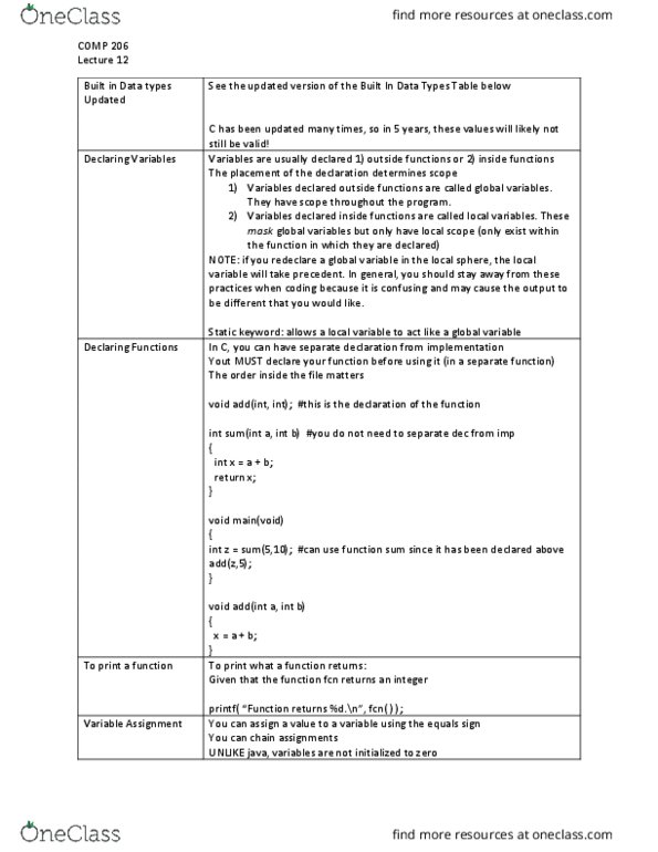 COMP 206 Lecture Notes - Lecture 12: Global Variable, Local Variable, Equals Sign thumbnail