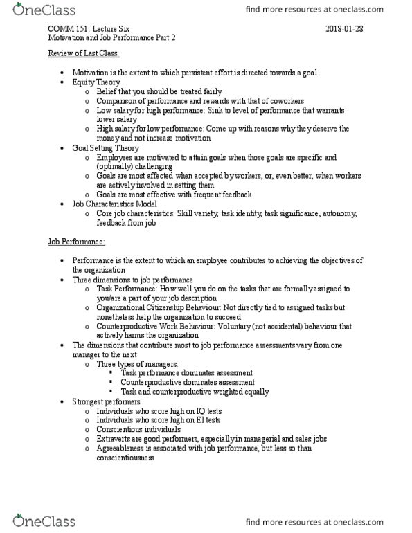 COMM 151 Lecture Notes - Lecture 6: Merit Pay, Goal Setting, Job Performance thumbnail