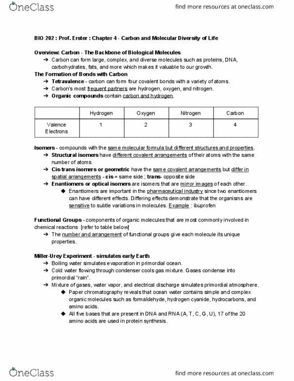 BIO 202 Lecture Notes - Lecture 3: Thiol, Norwegian School Of Economics, Hydrogen Cyanide thumbnail