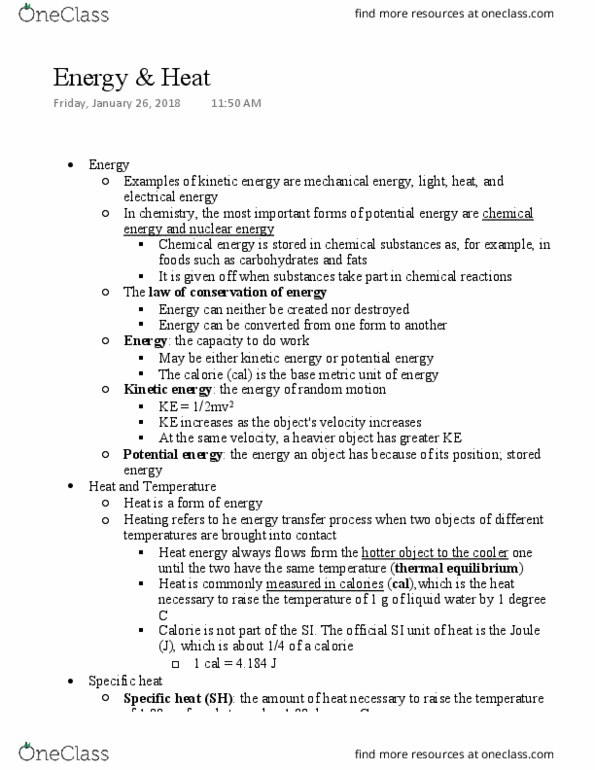 CHEM 1210 Lecture Notes - Lecture 1: Kinetic Energy, Heat Capacity, Chemical Energy thumbnail